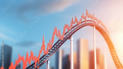 Market Rollercoaster: A dramatic visual metaphor, a rollercoaster track mirroring a fluctuating market graph against a cityscape backdrop.