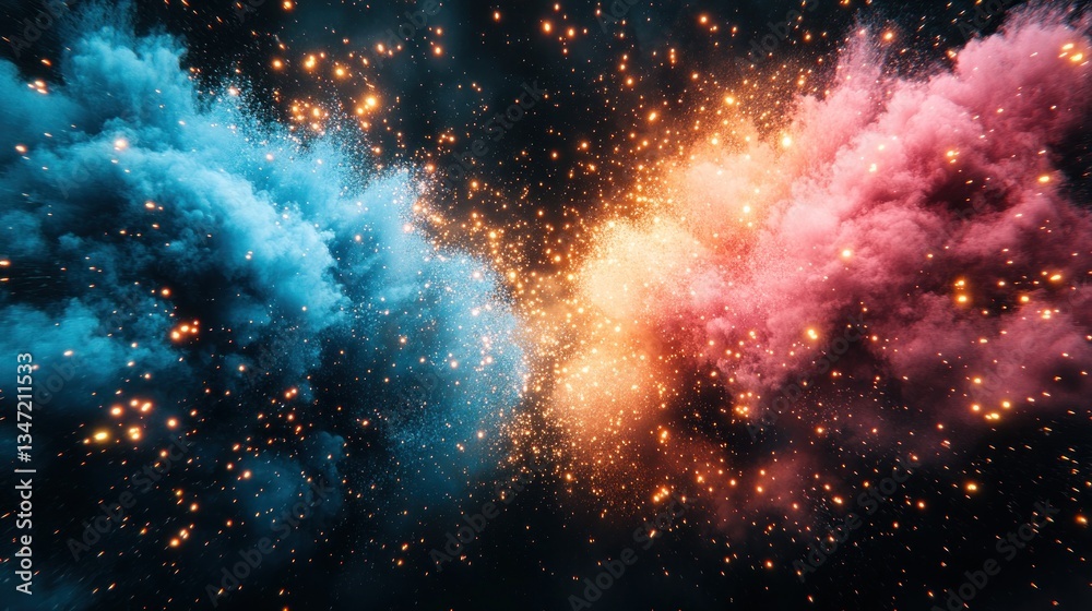 Fototapeta premium Vibrant blue and pink smoke clouds collide, sparks ignite amidst cosmic dust