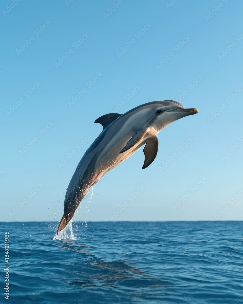 Fototapeta premium Playful Dolphin Leaps from Ocean Water Under a Clear Blue Sky, Wildlife Photography