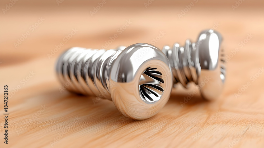 Close-up of Two Shiny Metal Screws on Wooden Surface Close-up of Two Shiny Metal Screws on Wooden Surface