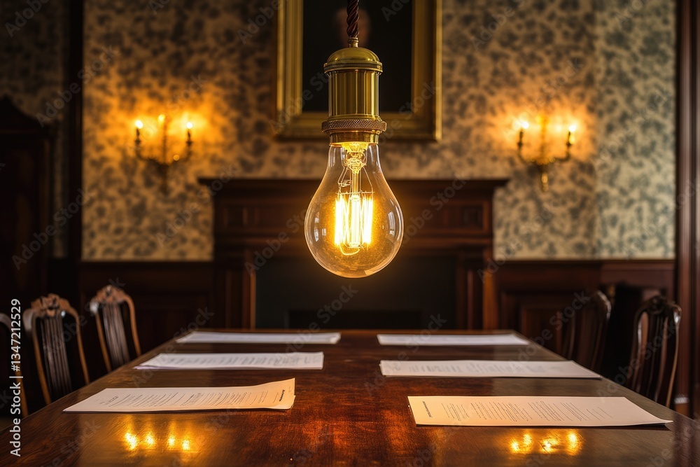Fototapeta premium A warm, incandescent light bulb hangs above a wooden table in a dimly lit, antique room, illuminating documents.