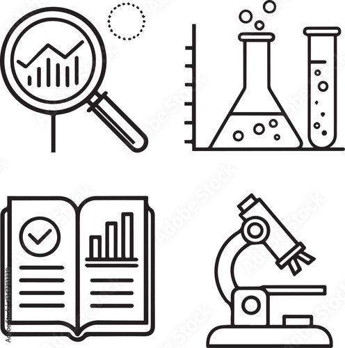 Research Line Icons Set – Science, Analysis, Data, Experiment, Study Vector Editable Stroke