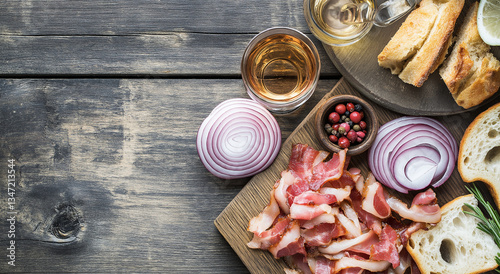 Vodca, cebola, bacon e pão dispostos juntos sobre um fundo rústico de madeira, exibindo a rica combinação de sabores de vodca juntamente com saborosos bacon e cebola com pão. photo