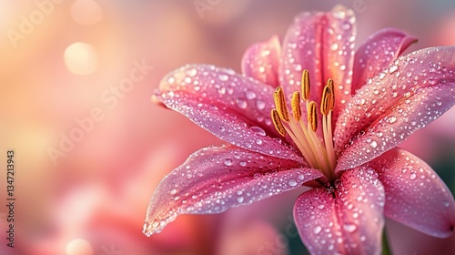 Dew-kissed pink lily, garden bokeh, spring bloom, nature card