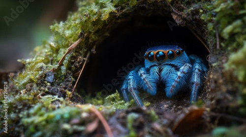 Vibrant blue spider in mossy burrow