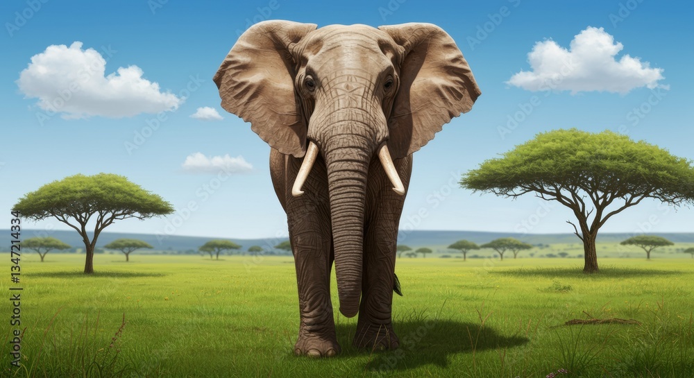 Fototapeta premium A majestic elephant stands in a vibrant green savannah, surrounded by acacia trees under a clear blue sky with fluffy clouds, showcasing the beauty of wildlife in its natural habitat.