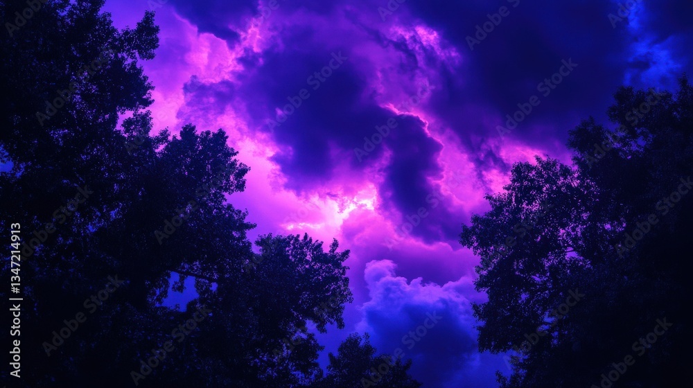Naklejka premium Nightfall storm: gradient transitioning from deep navy to fuchsia sky with silhouettes of trees framing the scene