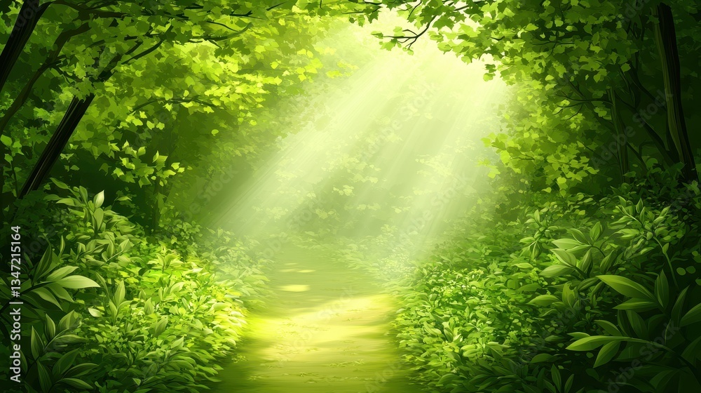 Obraz premium Sunlit Forest Path with Lush Green Trees, and Nature Trail.