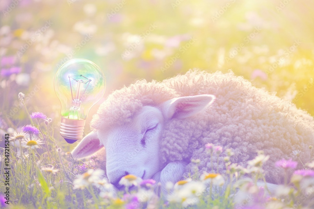 Fototapeta premium A sleeping lamb in a field of flowers, a glowing lightbulb above it symbolizes peaceful ideas.