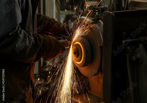 Sparks flying as a worker sharpens a tool on a grinding wheel.