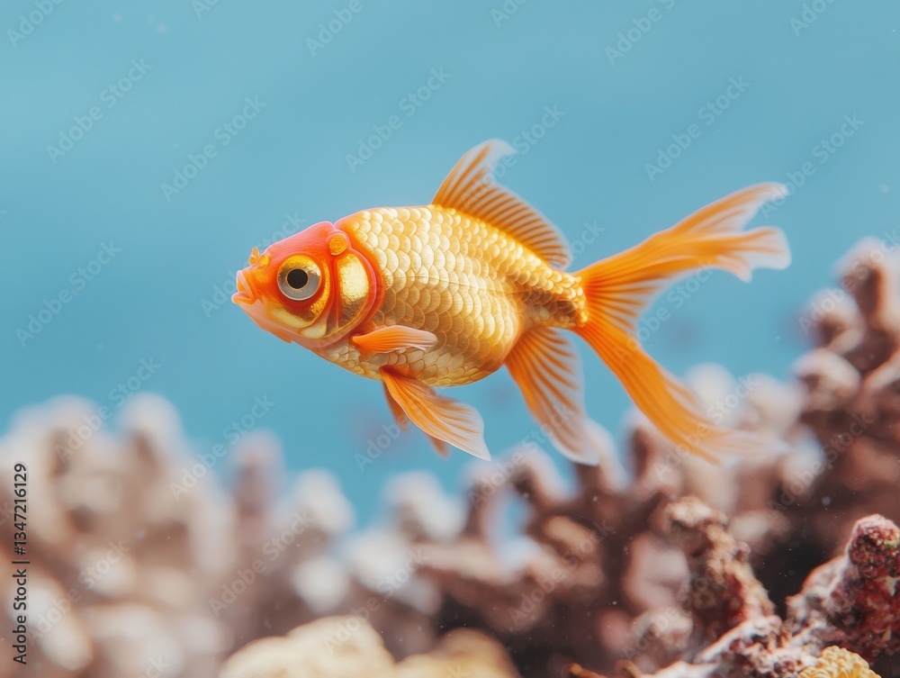Majestic Goldfish Swimming in Aquarium with Coral Reefs and Blue Background Majestic Goldfish Swimming in Aquarium with Coral Reefs and Blue Background