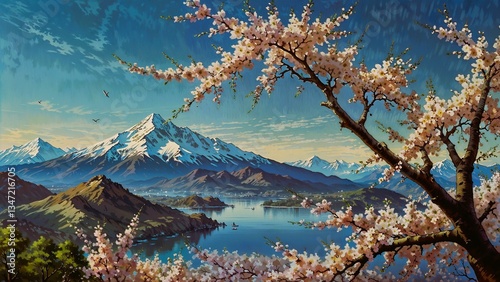 A picturesque landscape featuring a blossoming cherry tree with pink flowers, a serene lake, and a majestic mountain in the background, creating a tranquil and picturesque scene.