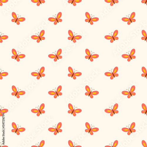 Seamless pattern with red and yellow butterflies on a light background.