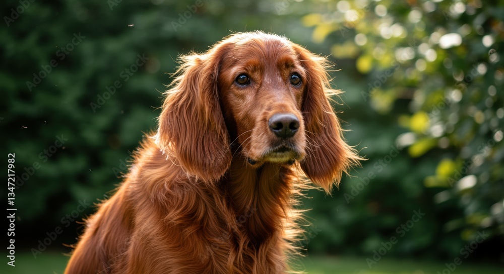 A close-up of a golden retriever with a reddish coat, gazing thoughtfully. Sunlight filters through foliage, highlighting its expressive eyes and soft fur, showcasing its charm. A close-up of a golden retriever with a reddish coat, gazing thoughtfully. Sunlight filters through foliage, highlighting its expressive eyes and soft fur, showcasing its charm.