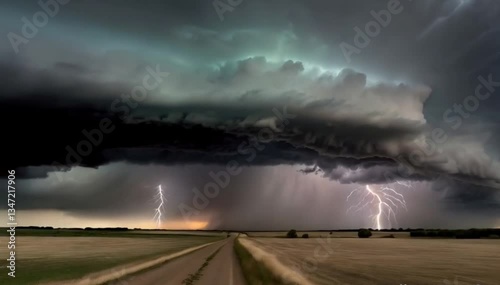 A thunderstorm rolling over a vast open field, with heavy dark clouds swirling and occasional flashes of lightning