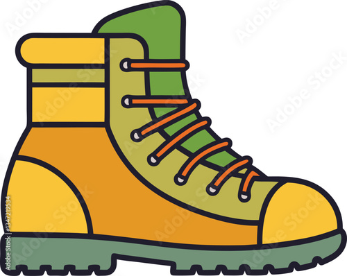 Orange and Green Hiking Boot with Sturdy Sole, Illustration of an orange and green hiking boot with durable soles, designed for outdoor adventures and rugged terrains.

