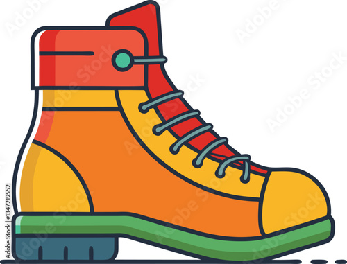 Colorful Orange and Yellow Hiking Boot with Green Sole, Illustration of a vibrant orange and yellow hiking boot with a green sole and sturdy design, made for outdoor trekking.
