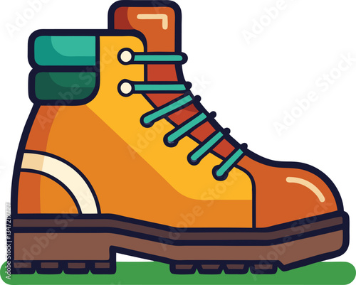 Orange Hiking Boot with Green Laces and Rugged Sole, Illustration of a vibrant orange hiking boot with green laces and a rugged sole, designed for outdoor trekking and durability.
