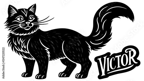 "A side view of Victor the cat with a transparent background. Victor has a playful, charming expression, fluffy fur, and a poised stance. His tail curls gracefully behind him."