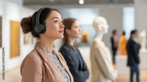 Visitors enjoy an audio guide while exploring an art exhibition at a gallery
