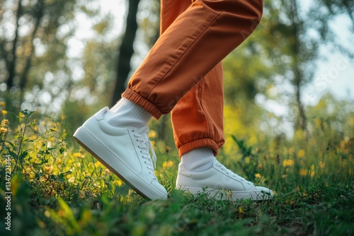 Forest Stroll: A person takes a serene walk through a sun-dappled forest, highlighting the simple joy of connecting with nature. The focus is on the legs, feet in stylish white sneakers. photo
