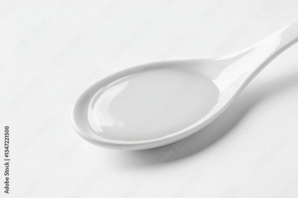 A white porcelain spoon filled with a light-colored liquid, rests on a white background. A white porcelain spoon filled with a light-colored liquid, rests on a white background.