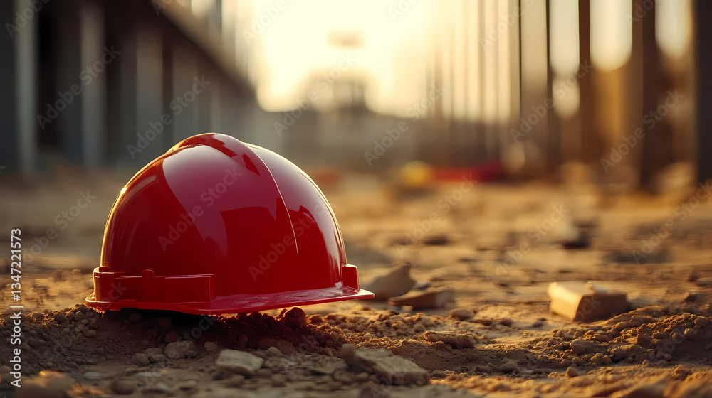 Red Safety Helmet on Construction Site
