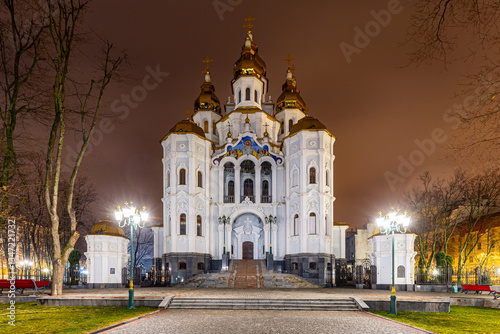Church. Evening illumination. Kharkiv, Ukraine
