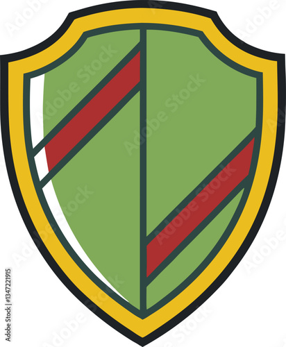 Green Shield with Red Diagonal Stripes, Illustration of a green shield with red diagonal stripes and a golden outline, symbolizing strength and protection.
