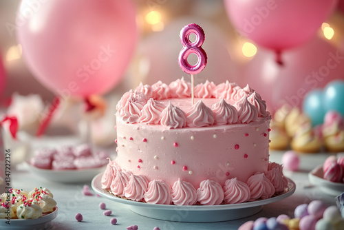 Celebrating an eighth birthday with a pink cake