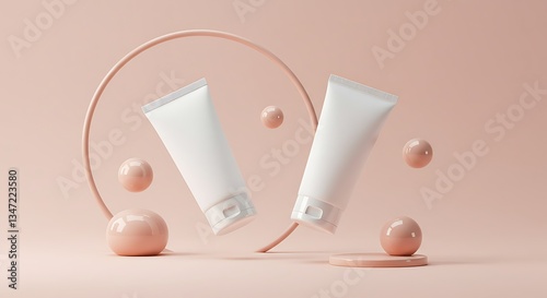 Wallpaper Mural Elegant Floating Cosmetic Tube & Jar Mockup in Soft Pastel Beauty Setting Torontodigital.ca