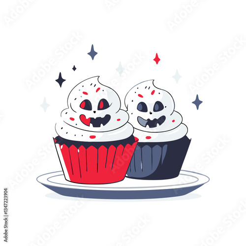 Spooky Halloween cupcakes vector in a fun and eerie style, featuring ghostly frosting faces, red and black cupcake liners, and decorative sparkles.