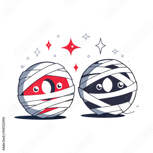 Cute mummy characters vector in a playful style, featuring two round figures wrapped in bandages with expressive eyes and sparkly decorative elements.
