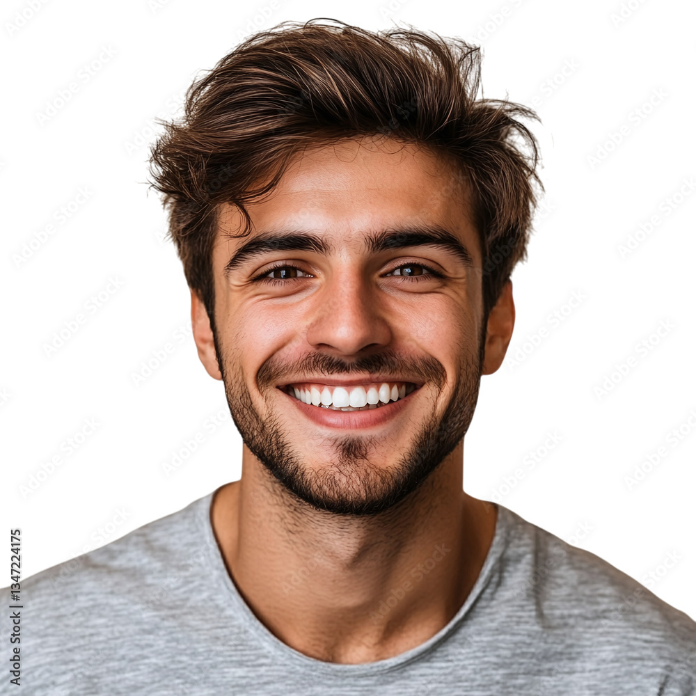 Fototapeta premium Handsome guy smiling with a happy face, cheerful and friendly expression, isolated on a white transparent background.