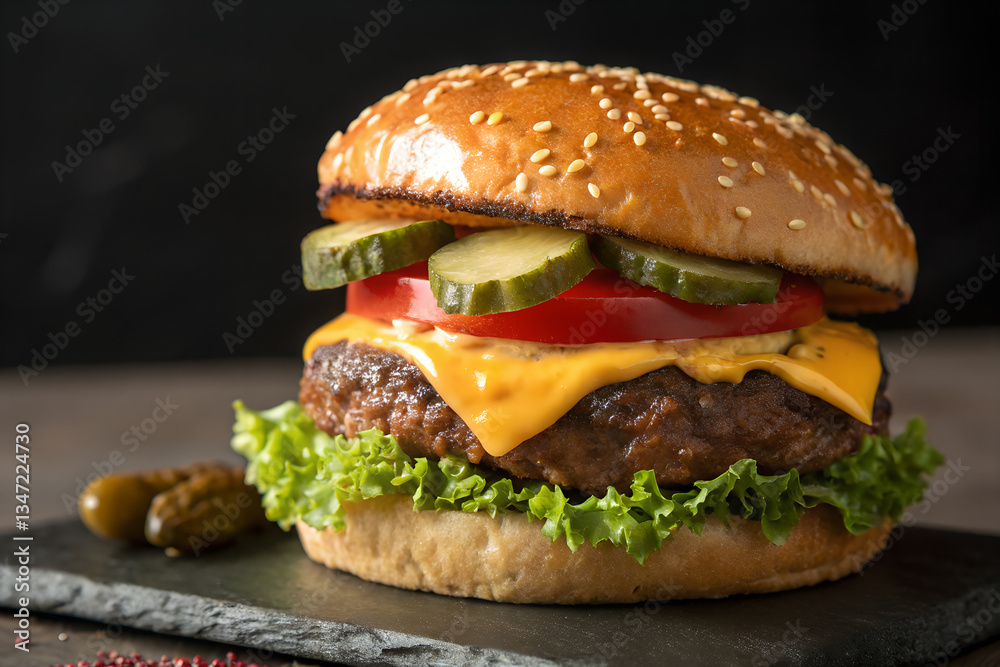 A Close-Up of a Juicy Hamburger with Cheddar, Pickles, and Tomato A Close-Up of a Juicy Hamburger with Cheddar, Pickles, and Tomato
