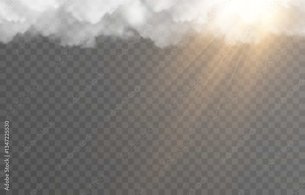Vector realistic cloud with sun on isolated transparent background. Sun rays break through cloud png.