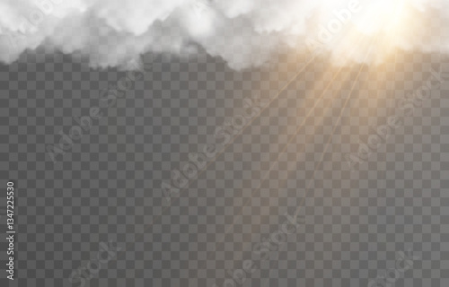 Vector realistic cloud with sun on isolated transparent background. Sun rays break through cloud png.