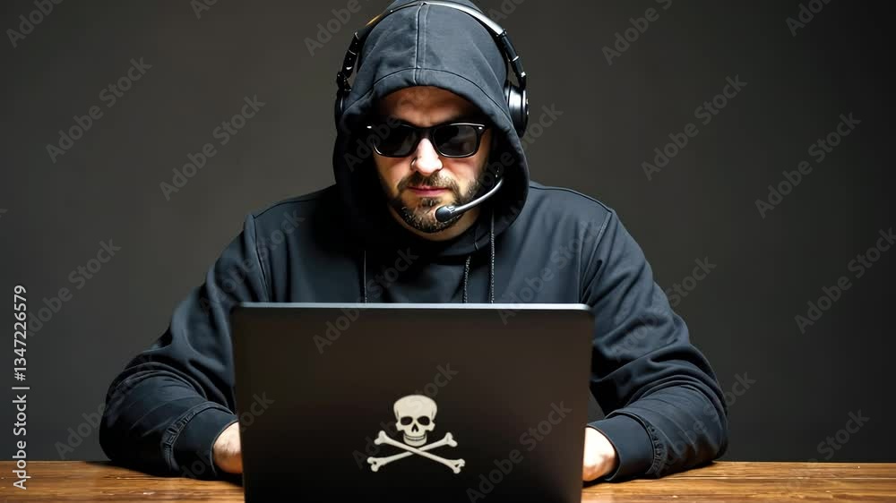 A hooded hacker with sunglasses uses a laptop with a skull sticker. Concept of: Cybercrime.