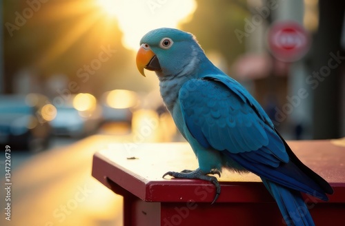 A parrot of a beautiful color sits on the street of the city