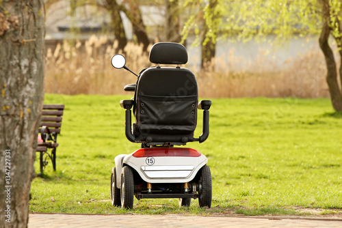 An electric wheelchair stands in a summer park near a tree. Automation and mechanization of assistance to disabled and elderly people with problems moving their own legs. Caring for those in need