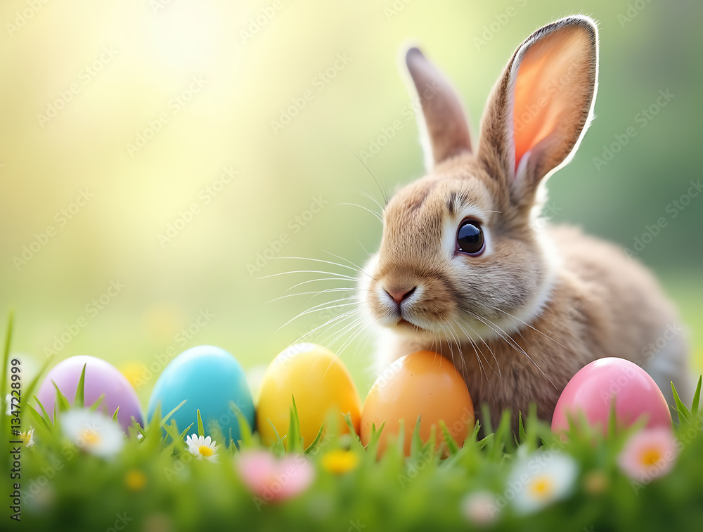 Fototapeta premium Adorable Bunny in a Blooming Meadow Surrounded by Vibrant Easter Eggs, Fresh Spring Flowers, and Lush Green Grass Under a Sunny Sky