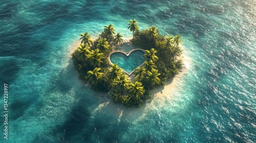 Aerial photography of a heart-shaped island with greenery and sandy shores, washed by clear water. Ideal for travel blogs, advertising resorts, creating romantic collages.