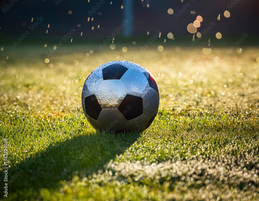 Fototapeta premium A football coated with raindrops placed on wet grass, reflecting bright floodlights during an evening match