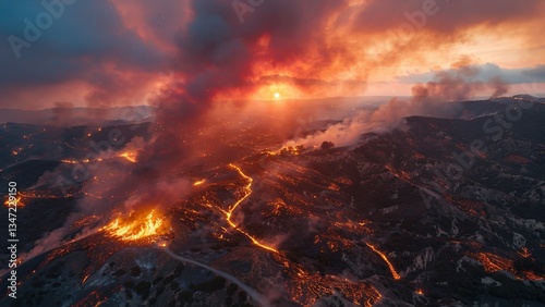 Bird's-Eye View of a Wildfire Raging Through a Hillside: Thick Smoke and Fiery Blaze Amid Dry Vegetation