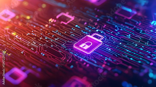Abstract Circuit Board With Glowing Padlock
