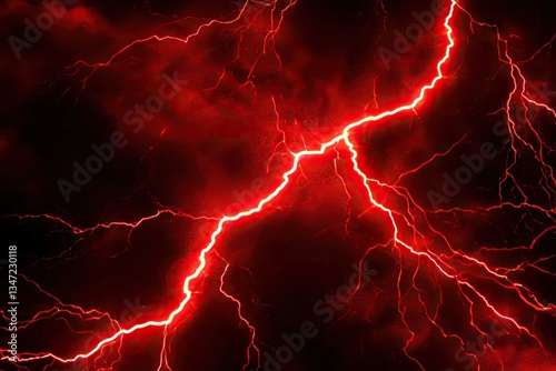 Crimson lightning streaks across a dark, stormy sky