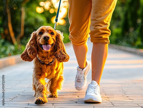 A happy cocker spaniel dog and its owner enjoy a relaxing evening stroll through a park after a CBD treatment promoting calmness and wellbeing.