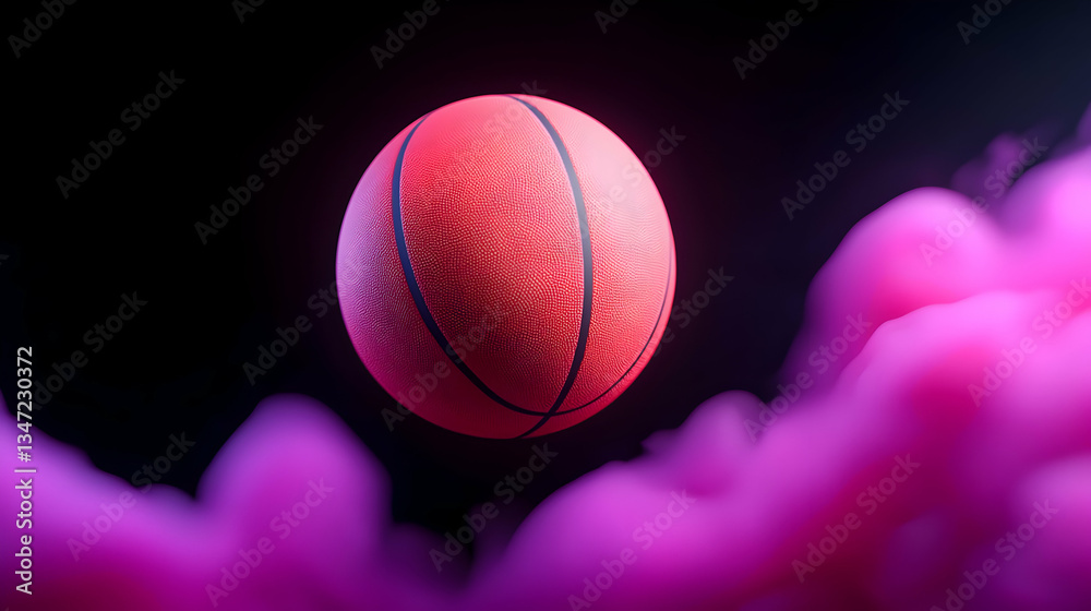 Fototapeta premium Red Basketball Floating in Pink Smoke, 3D Render
