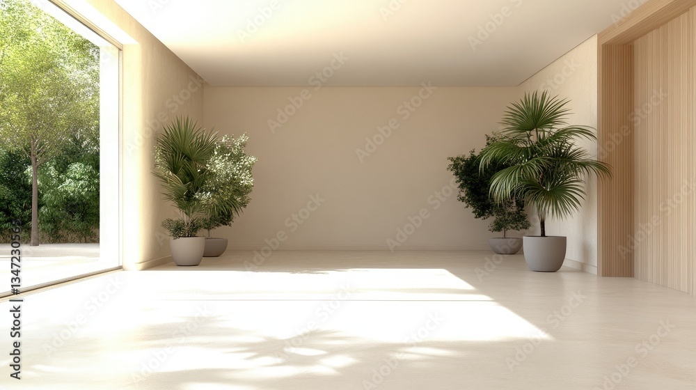 Fototapeta premium Empty beige living room with patio view