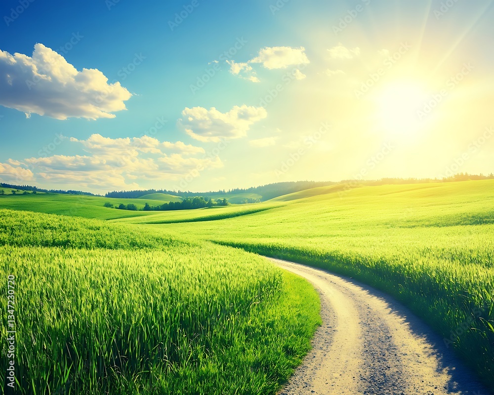 Fototapeta premium Sunlit Countryside Path Through Green Fields.